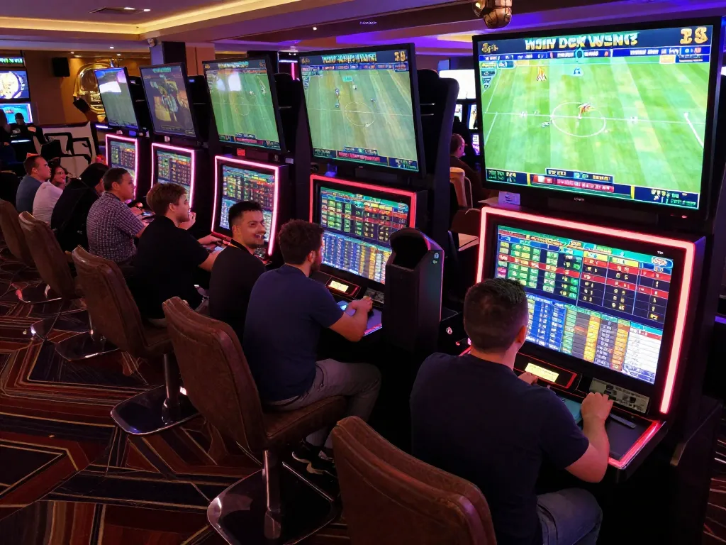 Soi kèo nhà cái with bettors eagerly analyzing live sports odds in an upscale casino environment.