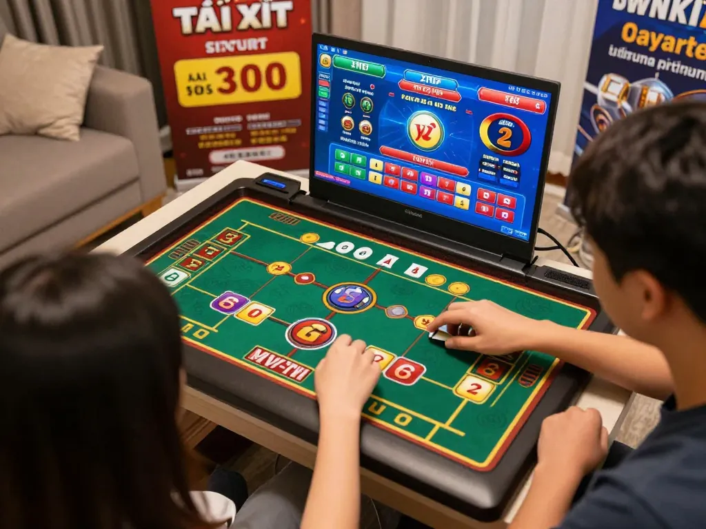 Tài xỉu online gameplay on laptop with vibrant interface, highlighting bonus features and player engagement.