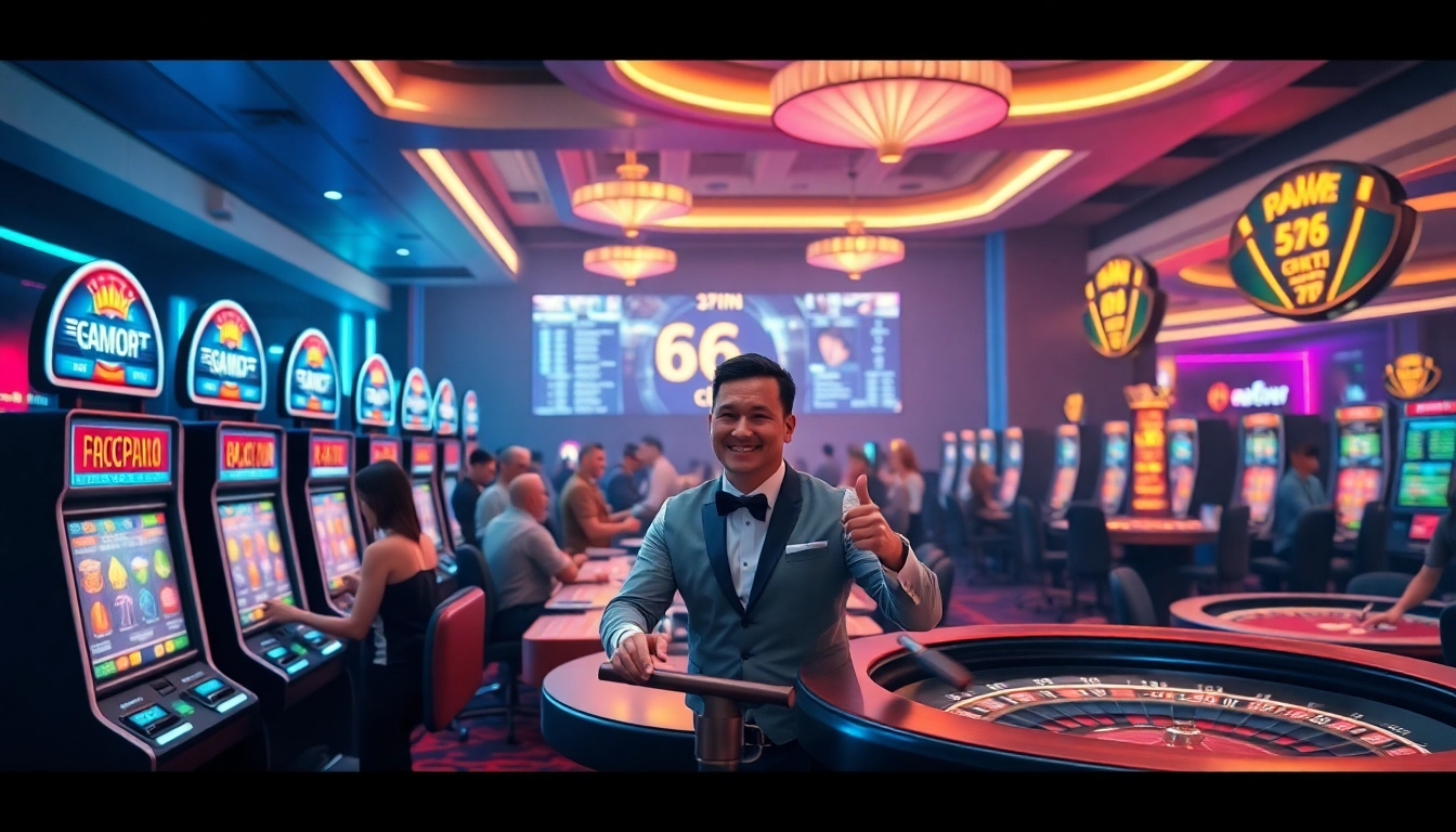 Exciting gaming scene at 66club with vibrant slot machines and professional dealers