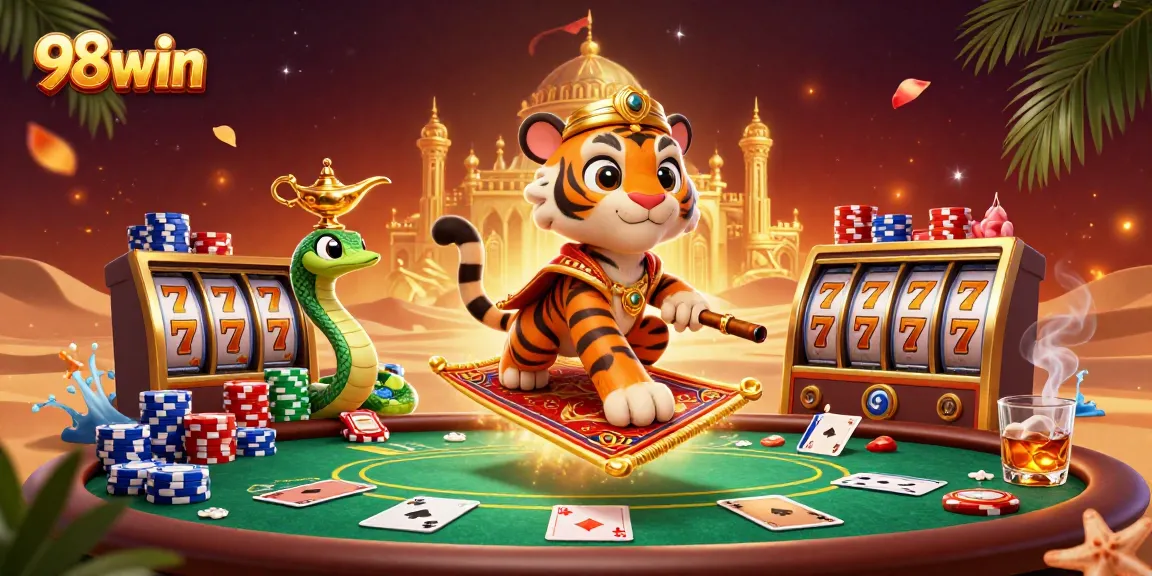 Experience exhilarating gameplay with 98win's unique Arabian-themed casino adventure featuring vibrant characters.