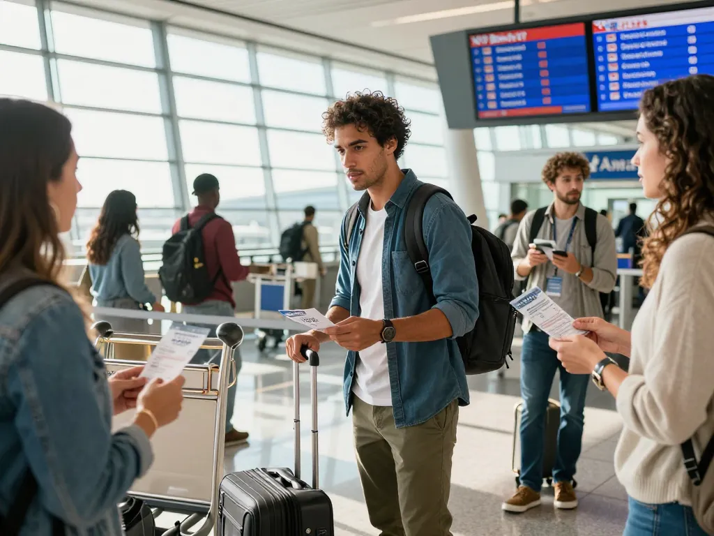 Traveler checking in for flight on American Airlines 789P at modern airport terminal.