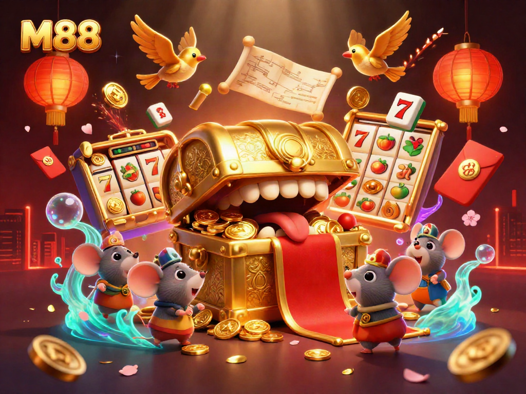 M88 captivates players with a vibrant 3D casino treasure chest scene filled with slot reels and celebration.