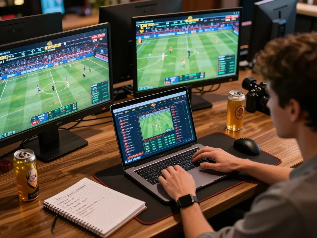 Sports betting on a laptop at home, showcasing sun win interface and strategy notes.