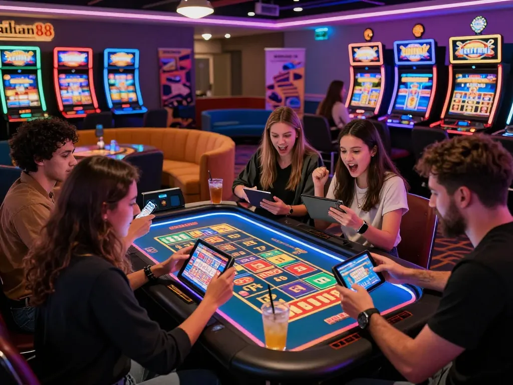 A diverse group enjoying a vibrant gaming experience at sultan88, showcasing excitement and camaraderie in a modern digital casino atmosphere.