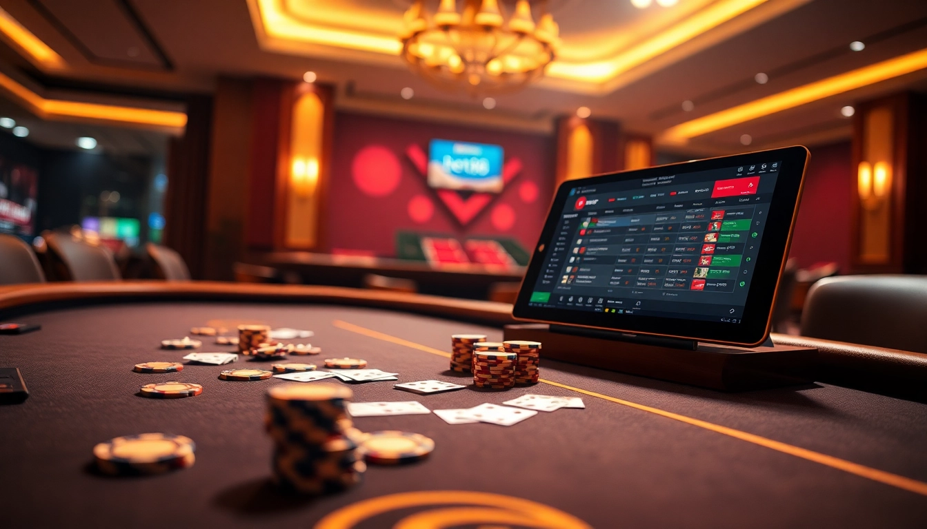 Experience the excitement of bet88 đăng nhập with a luxurious casino scene highlighting poker chips and an online betting interface.