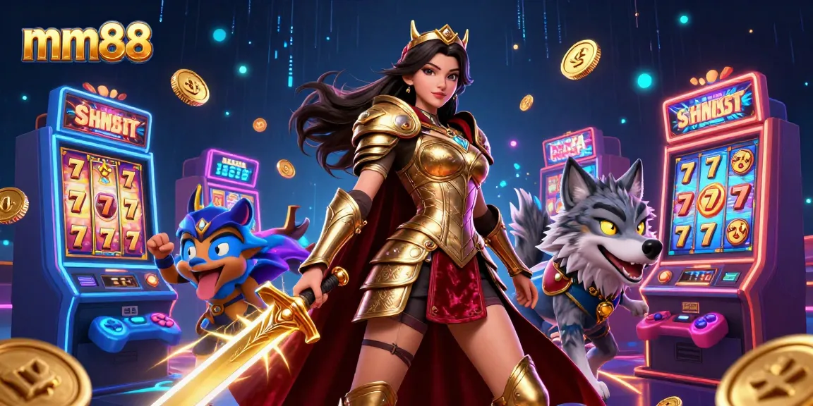 Engage in thrilling gameplay at mm88, featuring vibrant slot machines and a dynamic warrior scene.