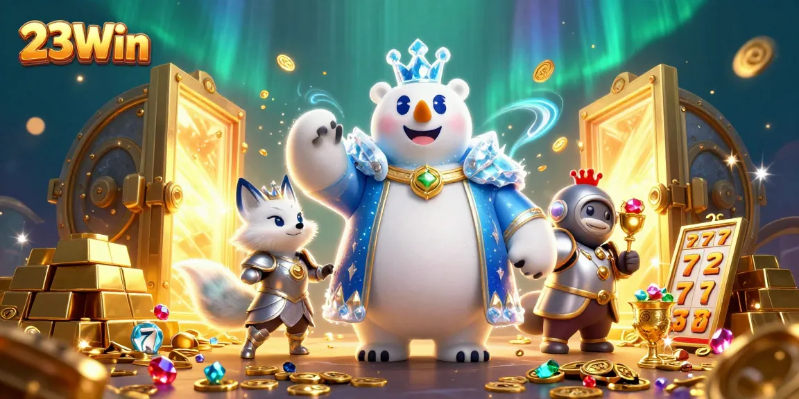 Experience the rich gaming world of 23Win with dazzling slot reels and treasures swirling in an enchanting scene.