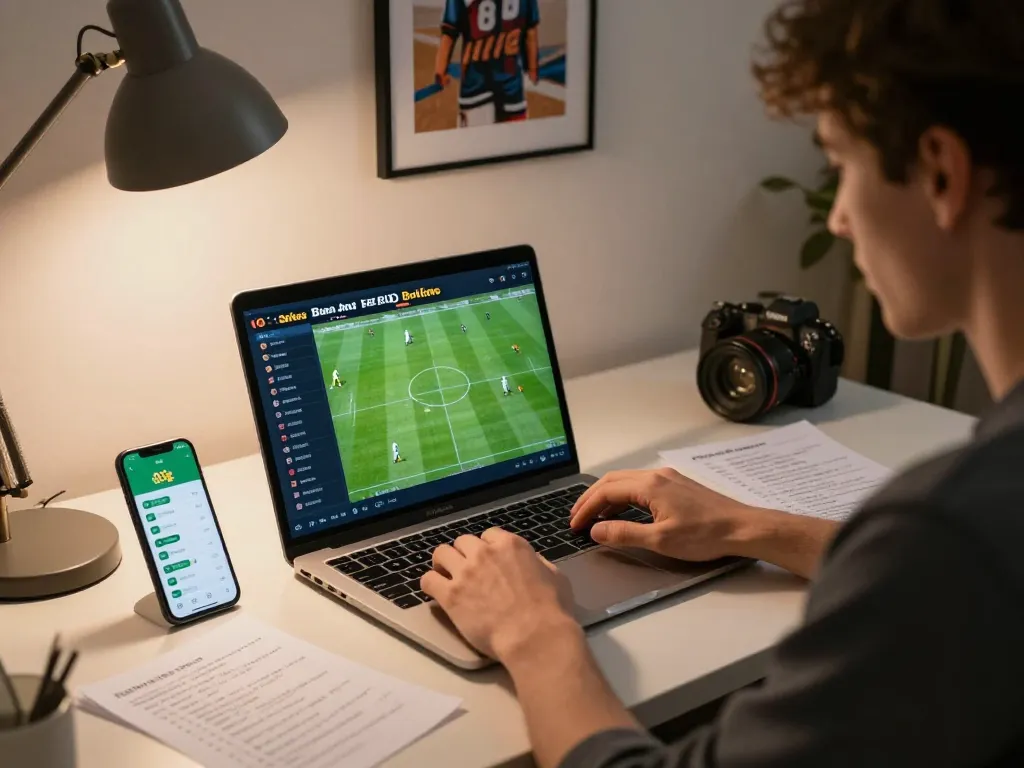 Person analyzing tỷ lệ kèo trực tuyến using laptop and smartphone for sports betting strategies.