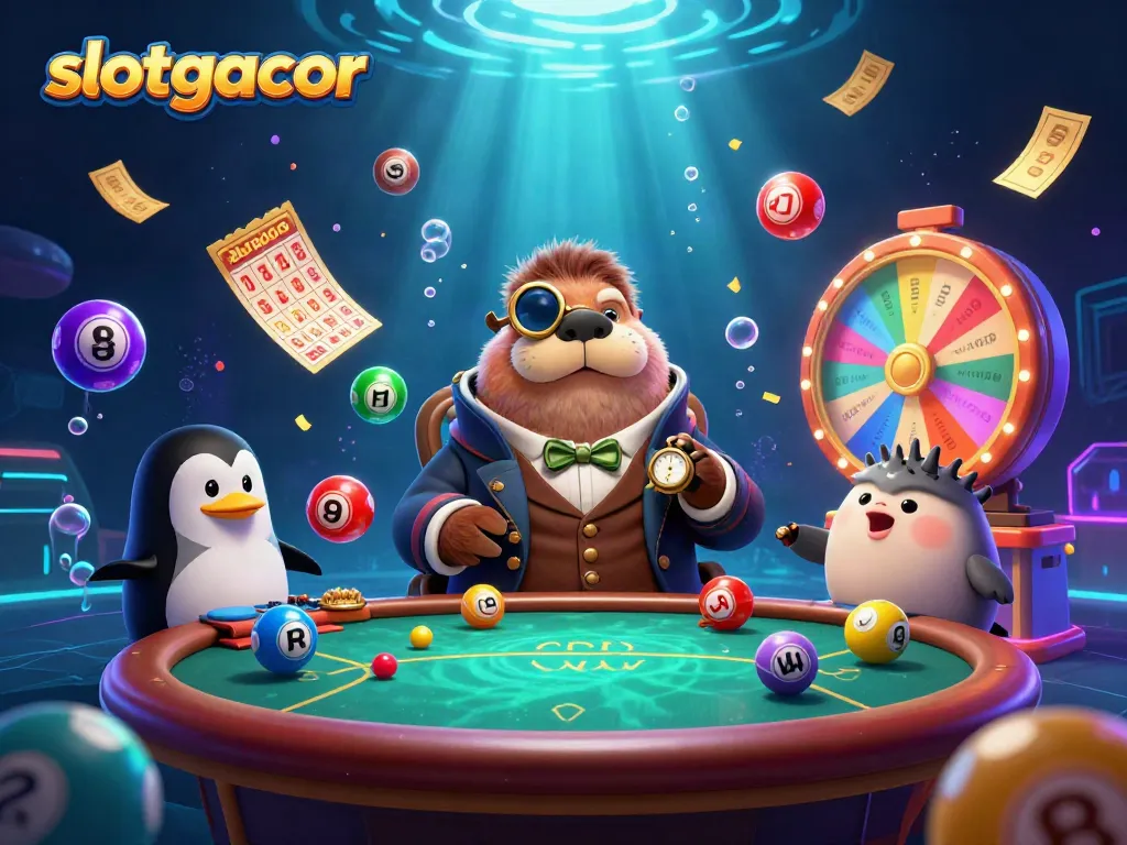Slotgacor: Menampilkan karakter Kasino 3D penuh warna dengan bola lotere dan efek jackpot di bawah laut.