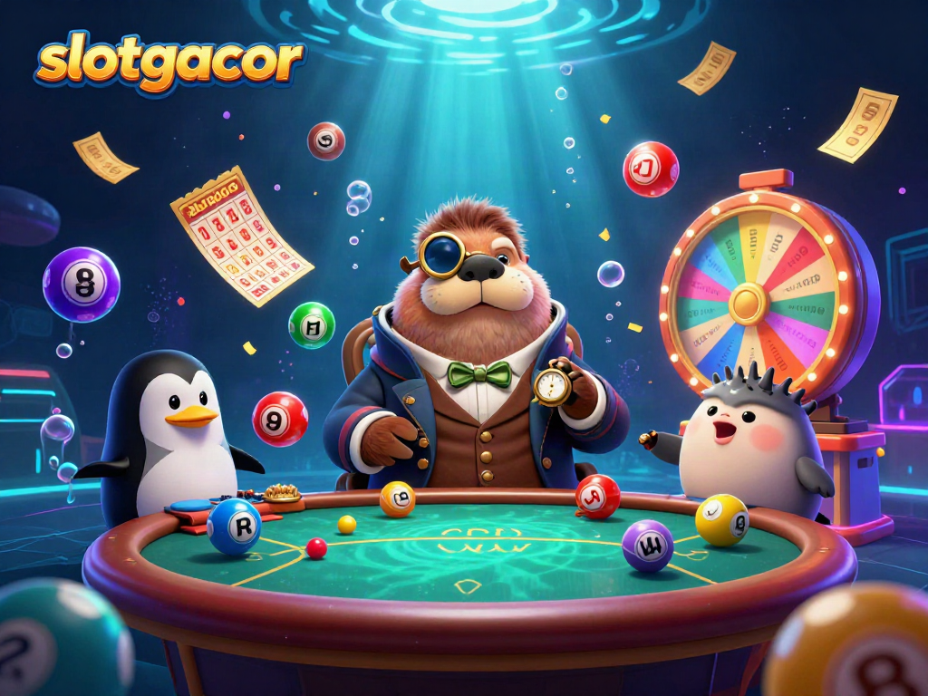 Slotgacor: Menampilkan karakter Kasino 3D penuh warna dengan bola lotere dan efek jackpot di bawah laut.