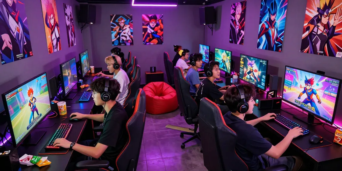 Players engaged in a lively gay ecchi game session, showcasing interactive graphics and colorful characters in a vibrant gaming lounge.