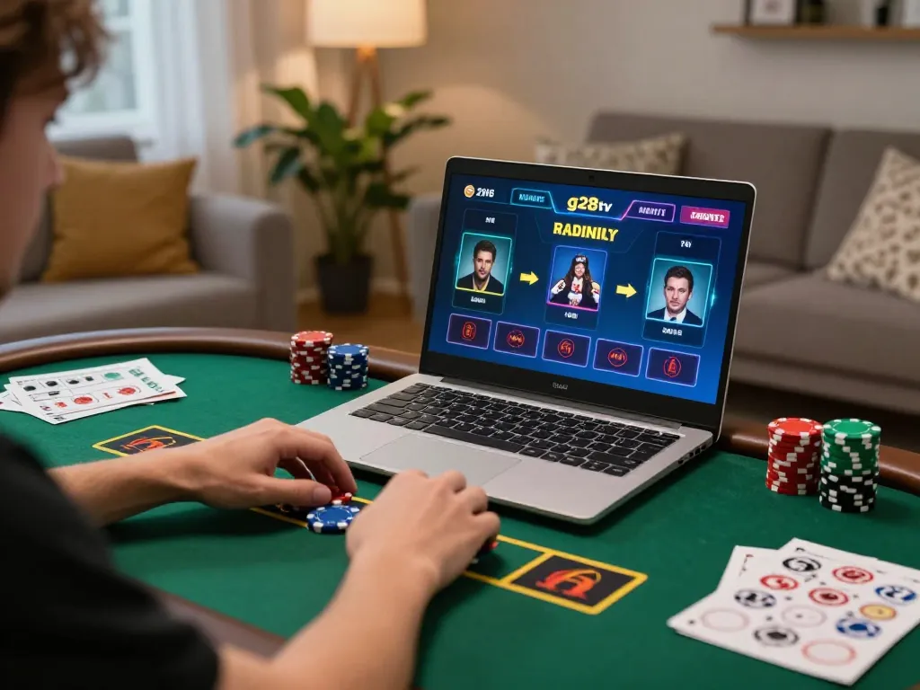 Exciting online gaming experience with g28tv featuring a player engaged in a live dealer game at home.
