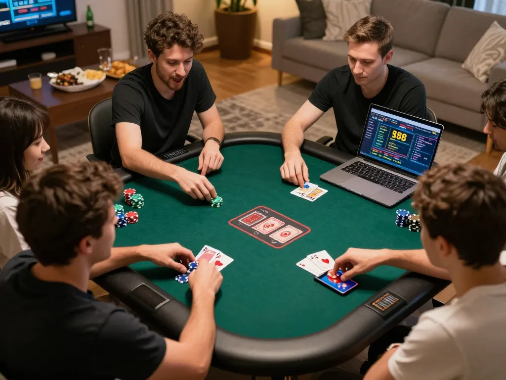 Participants enjoying an online sc88 poker game at home, surrounded by snacks and drinks.
