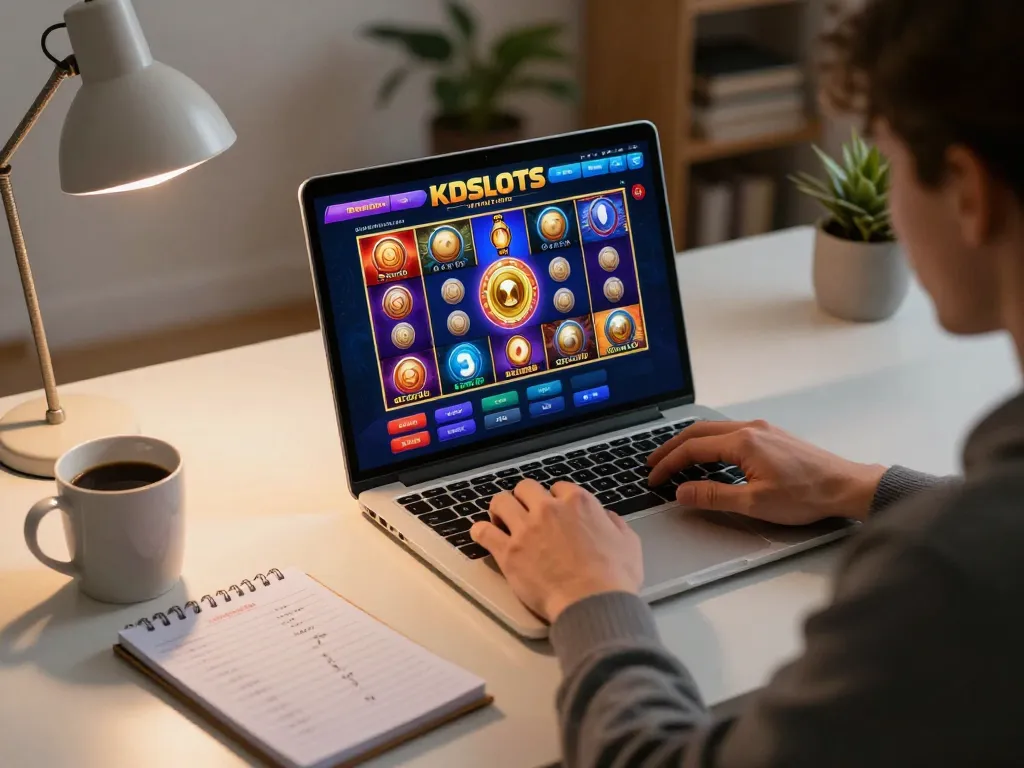 Player engaging with kdslot online casino on a laptop, showcasing colorful slot game interface and betting strategy notes.