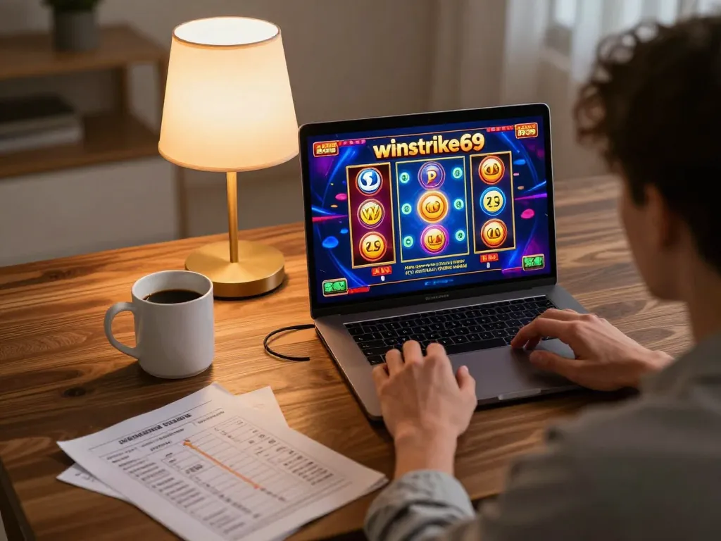 Player enjoying winstrike69 online slots on a laptop at home, showcasing strategic gaming.