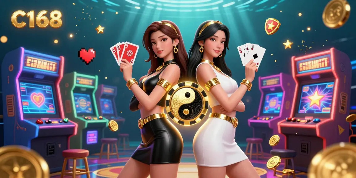 C168 casino showcases stunning twins in dynamic poses holding playing cards amidst vibrant game elements.