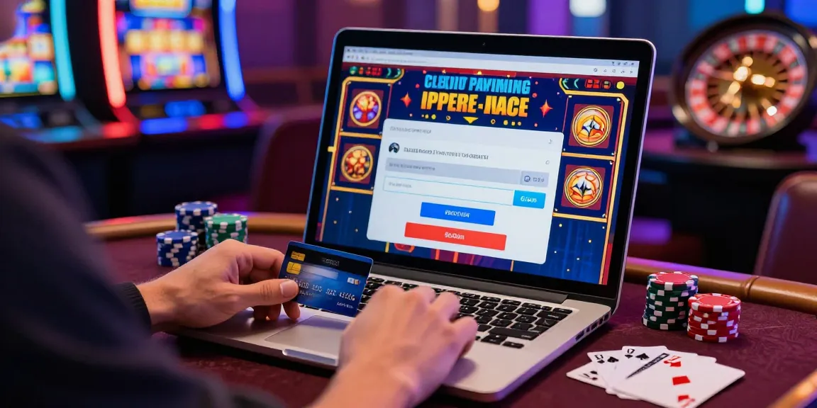 Online casino scene with a player at https://scoarch.org.uk using a credit card for fast deposits amidst colorful slot graphics and poker chips.