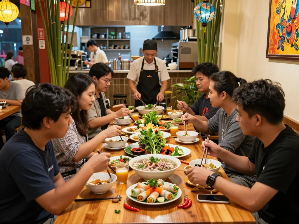Experience diverse Vietnamese cuisine at https://www.saigoncafesterling.com/menus with friends in a vibrant restaurant setting.