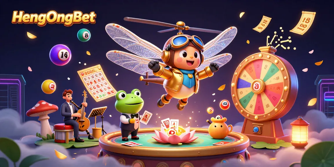 Engage with HengOngBet's thrilling lottery scene featuring vibrant characters and festive game elements.