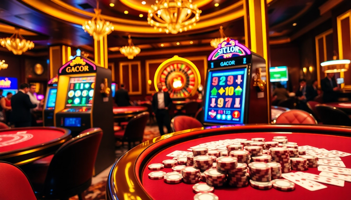 Win big with slot gacor at a luxurious casino, featuring vibrant slot machines and excited players.