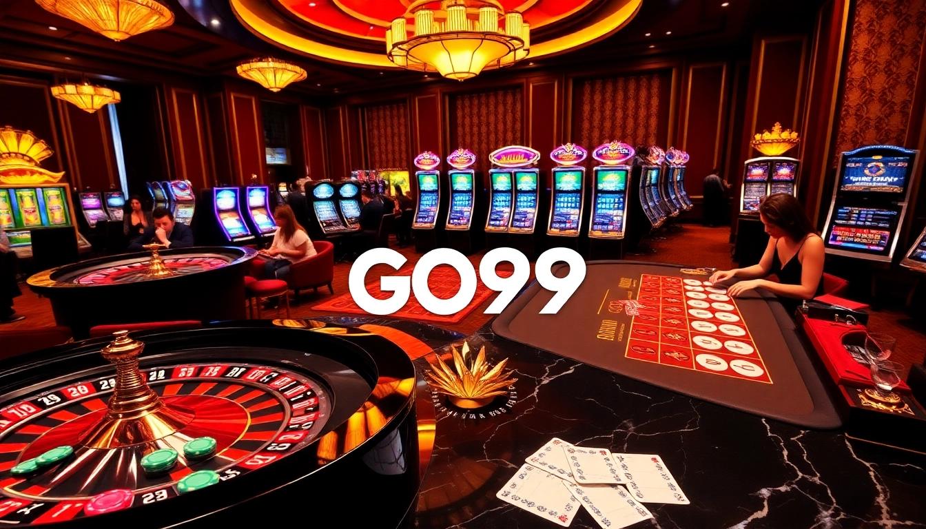 Explore GO99's vibrant casino games featuring roulette and poker in a luxurious setting.