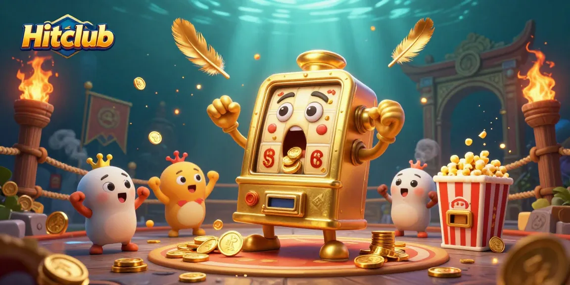 Hitclub showcases a golden slot machine hitting a jackpot with coins spilling out, surrounded by cheering machines, emphasizing vibrant casino energy.