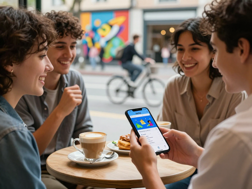 Engaging with the FairPlay app at a café, showcasing a modern digital lifestyle with friends.