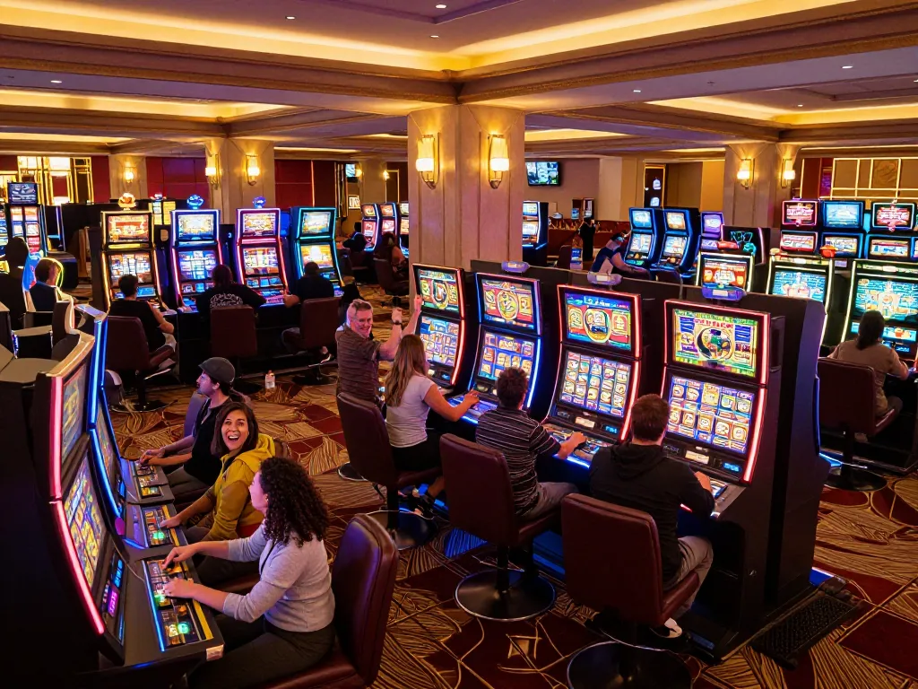 Players enjoying vibrant slot machines at 99ok casino, celebrating exciting wins with lively expressions