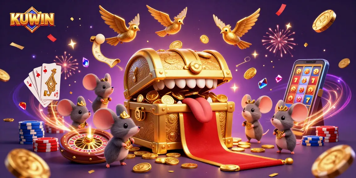 Win big with KUWIN gaming treasures in this vibrant 3D casino illustration.