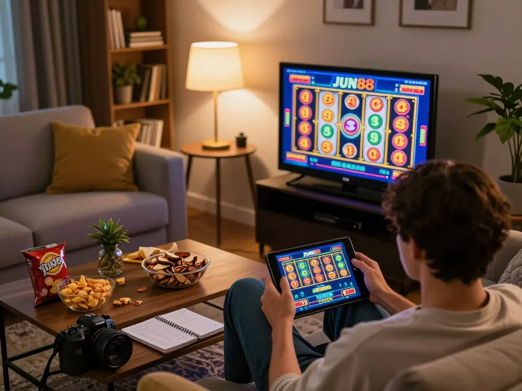 Jun88 player enjoying thrilling slot games on tablet in cozy home setup.