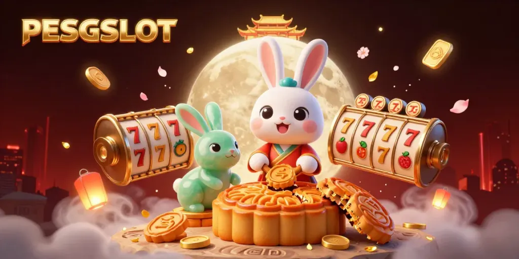 Permainan slot PESGSLOT di ilustrasi dengan karakter kelinci bulan tradisional dan simbol jackpot.