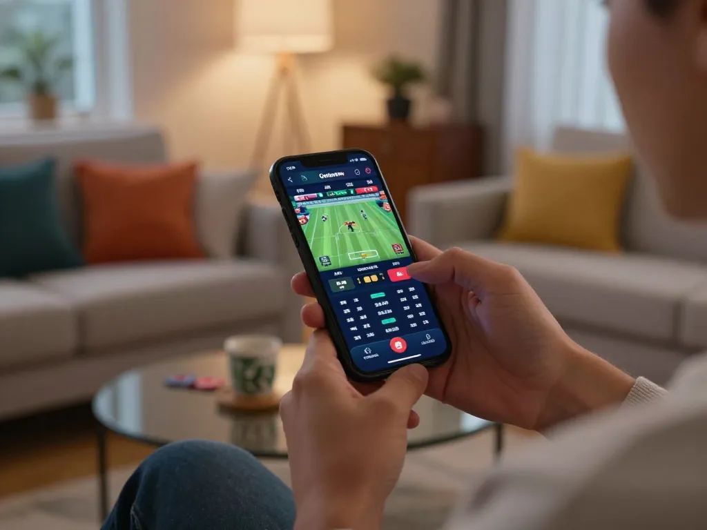 Engage with link shbet mobile app for real-time betting in a modern living room setting.