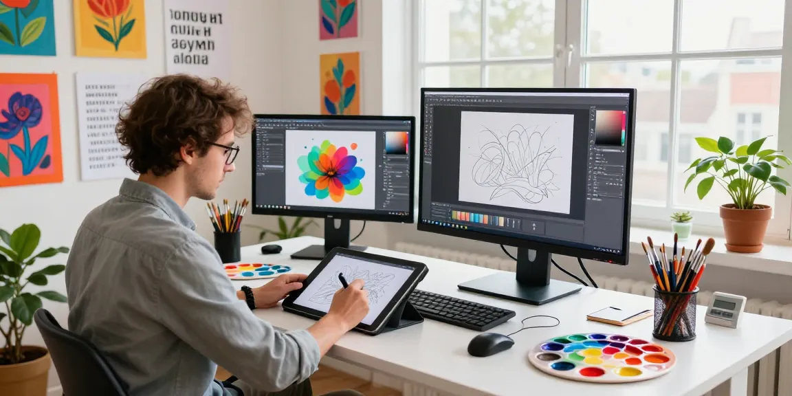 Seorang seniman digital di ruang kerja cerah dengan alat desain dan karya seni, menggambarkan konsep halte4d.