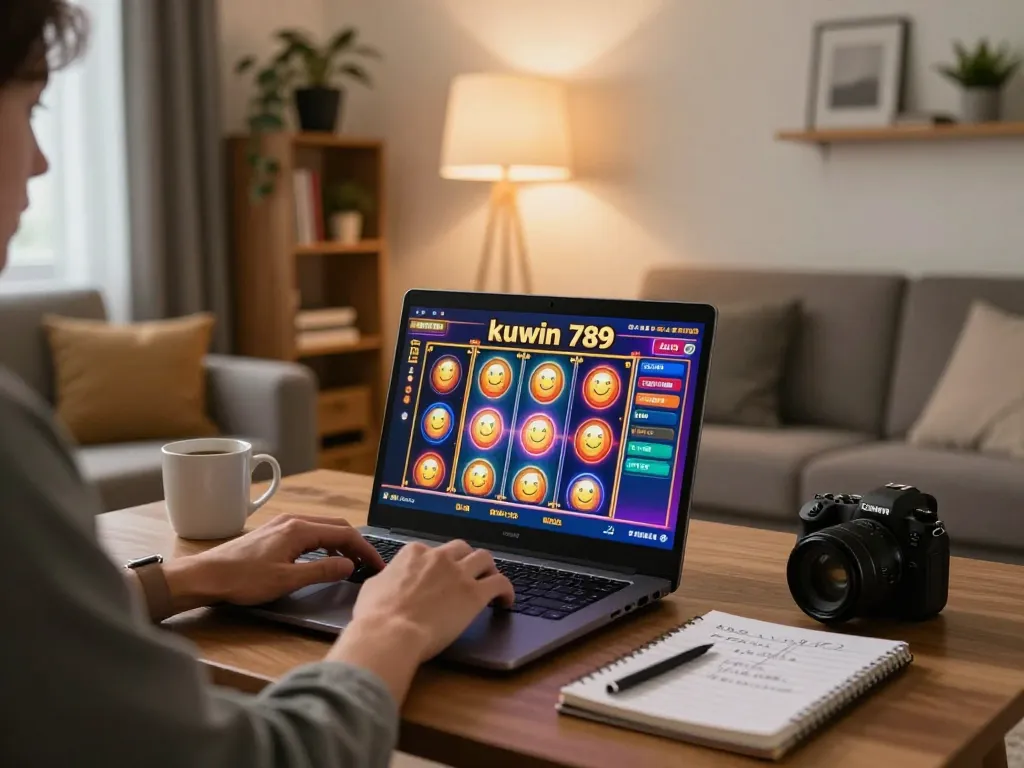 Kuwin 789 online casino gaming setup with a user engaging in a vibrant slot game experience.