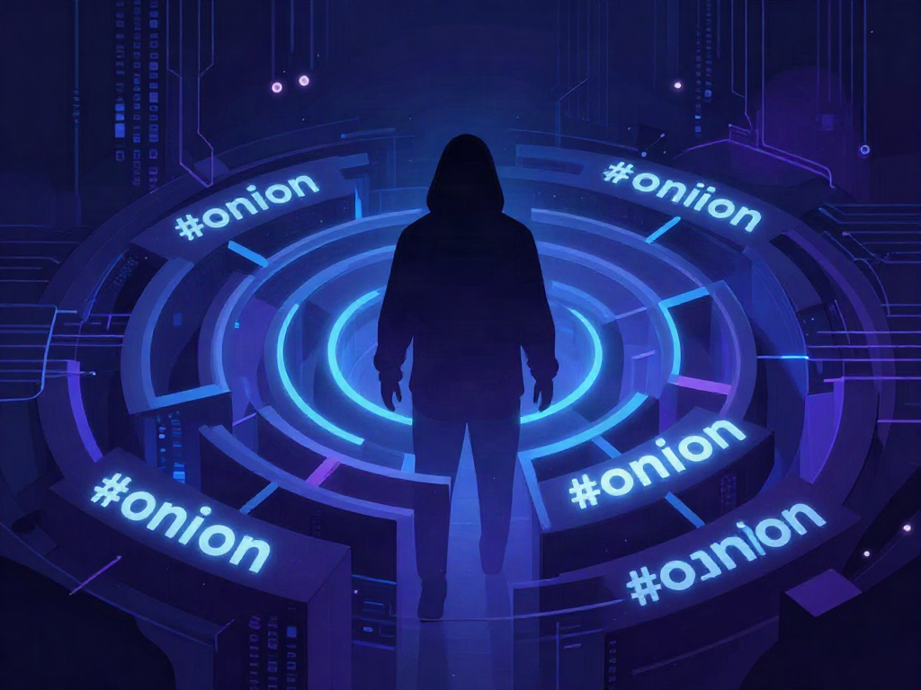 The hidden wiki dark web illustrated by a shadowy figure navigating .onion links, evoking mystery and caution.