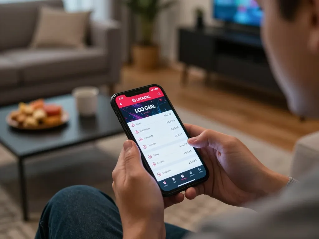 Engaging with the LGOGOAL betting app on smartphone in a cozy living room atmosphere.
