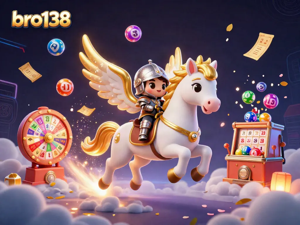 Join the excitement with bro138 as colorful lottery balls and a celestial knight create a dynamic winning scene.