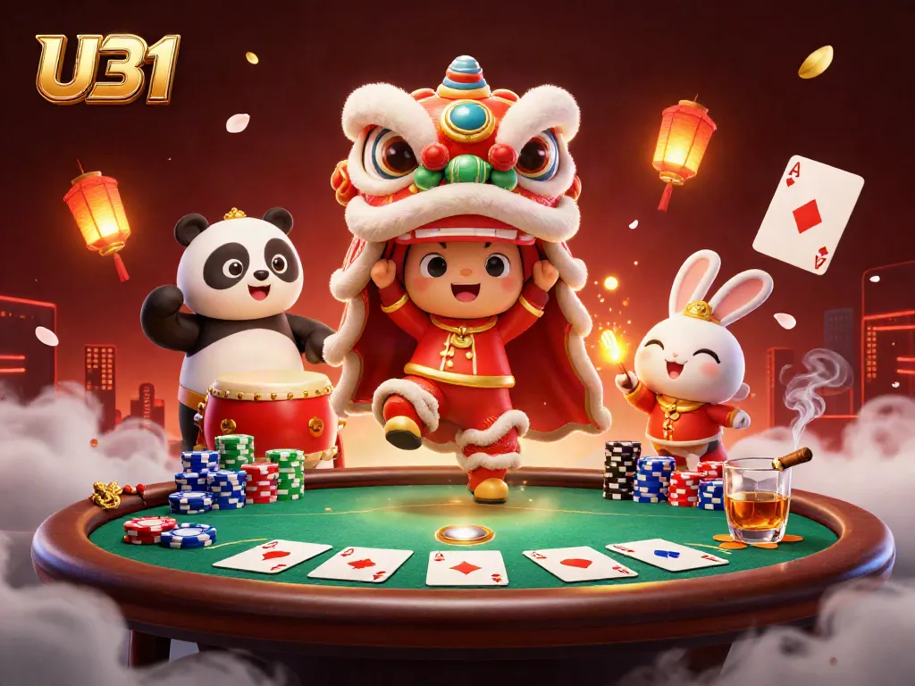 Spin and win with U31 at a vibrant casino scene featuring adorable characters and lively gambling elements.
