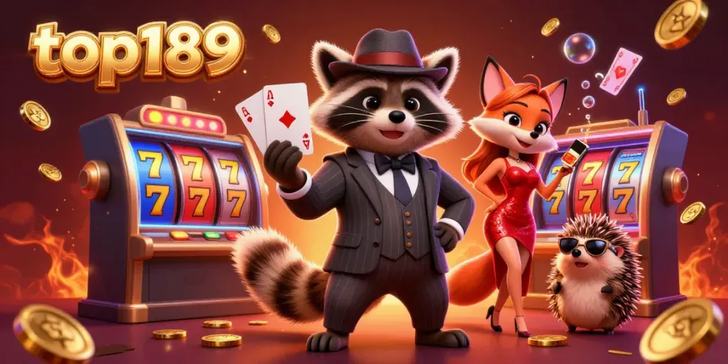 Join top189 in a vibrant casino scene with a suave raccoon, a fox lady, and a hedgehog, showcasing dynamic gaming elements.
