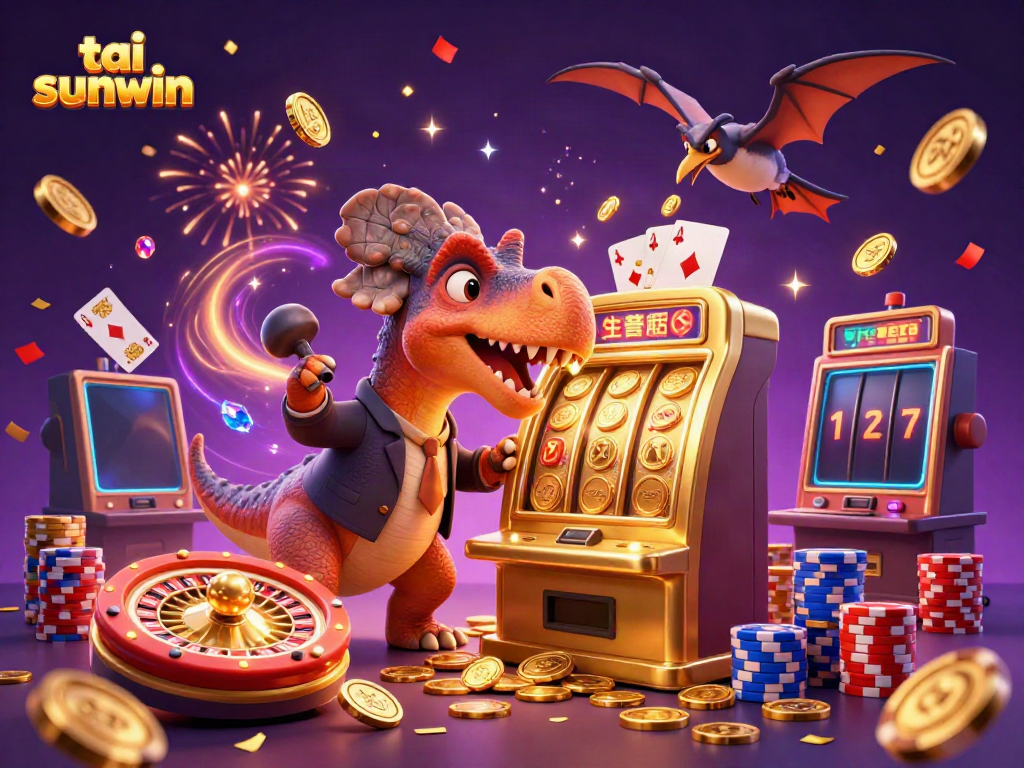 Catch jackpot coins with tai sunwin as a dinosaur plays a slot machine, surrounded by casino elements