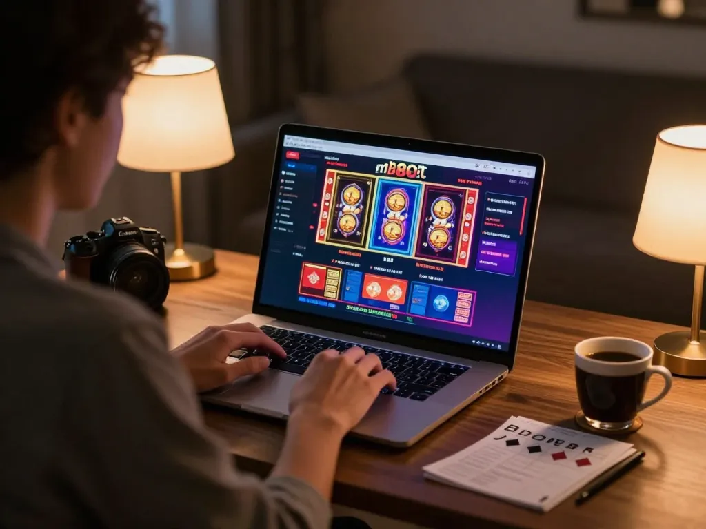 Engaging in online gaming with mb88slot interface visible on laptop screen
