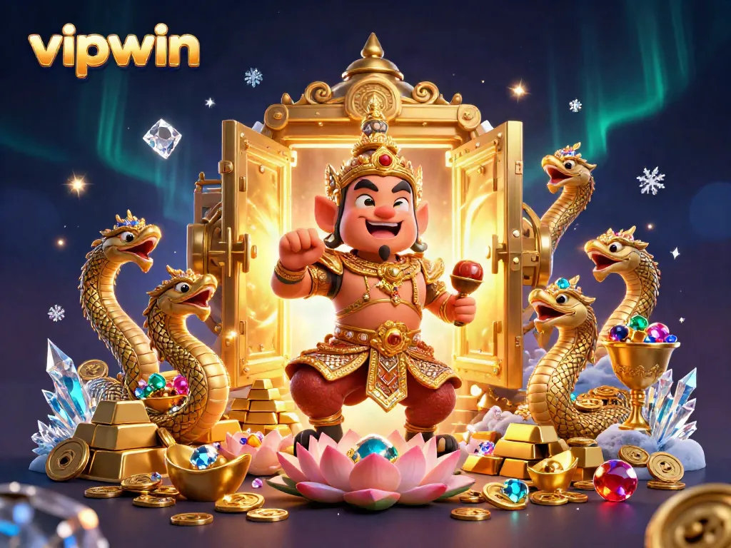 Join the excitement of vipwwin with a vibrant 3D illustration of a temple guardian amidst riches and casino elements.