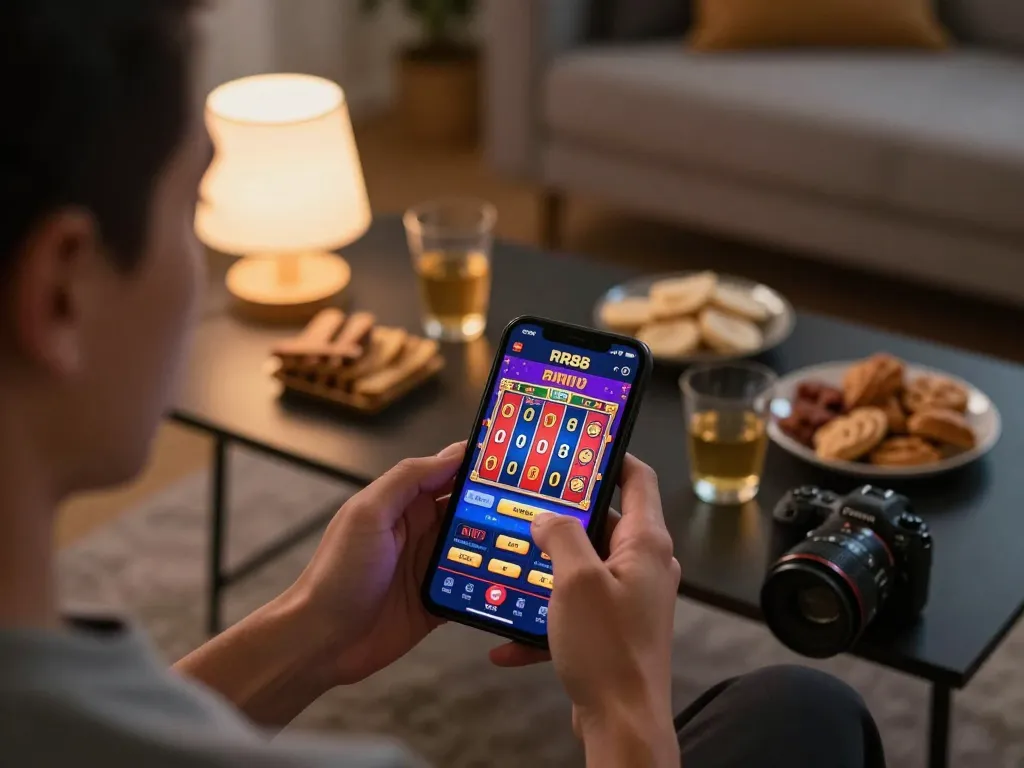 Immersed in RR88 app gameplay, a player engages with vibrant slot games in a cozy environment