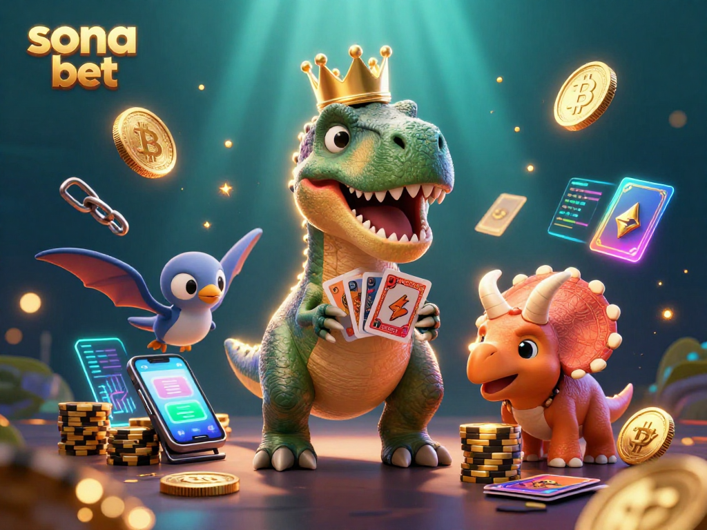 Sona bet promotes thrilling casino action with a T-Rex shuffling cards and neon crypto elements.