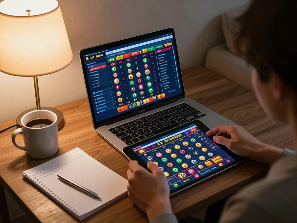 Lô đề online betting scene with a player engaged in strategy at home, showcasing a cozy atmosphere.