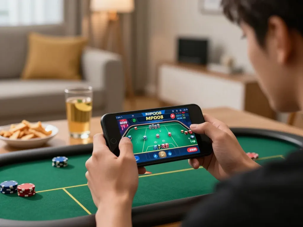 MPO08 mobile gaming scene showcasing a player focusing on a live poker game on their smartphone in a cozy setting.