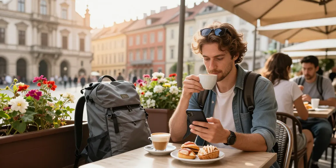 Genießen Sie die Vorteile der Reise-eSIM bei einem Besuch in einem wunderschönen europäischen Stadtcafé.