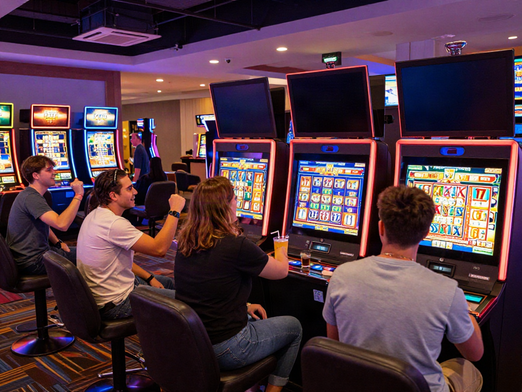 Exciting Lucky777 casino gaming scene with players enjoying slot machines and vibrant ambiance.