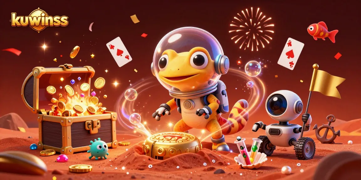 Kuwinss celebrates in a 3D Martian casino treasure scene, with vibrant elements and games.