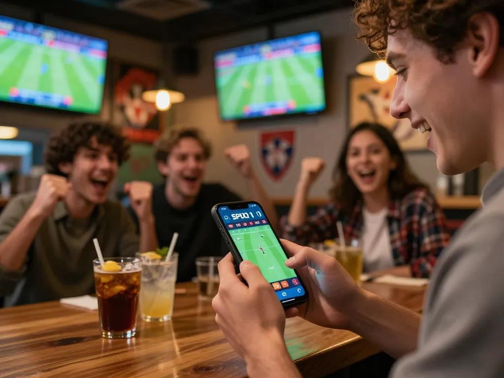 Menikmati skor langsung SPBO 1 sambil bertaruh pada sepak bola dalam suasana bar olahraga yang ramai.